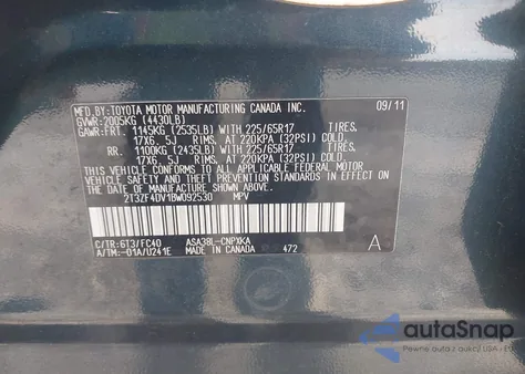 2011 Toyota Rav4 z USA, uszkodzony, nr VIN 2T3ZF4DV1BW092530